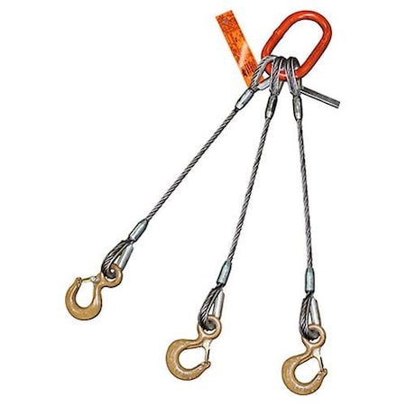 Three Leg Wire Rope Sling, 3/8 In Dia, 10 Ft Length, Eye Hoist Hook, 3.7 Ton Capacity, Domestic